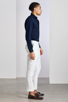 Roma Trouser - White and Navy Pinstripe Linen