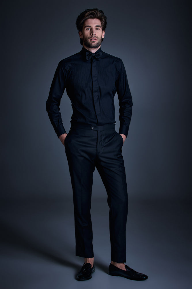 black pant black shirt with blue blazer