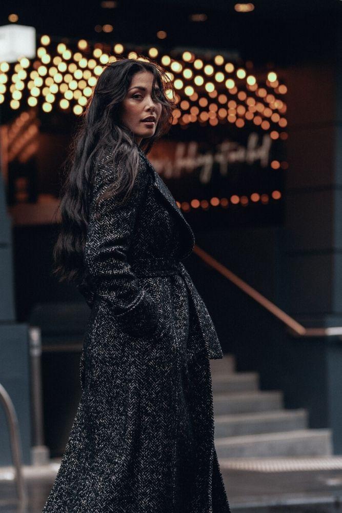 Alessia Coat - Black And White Herringbone