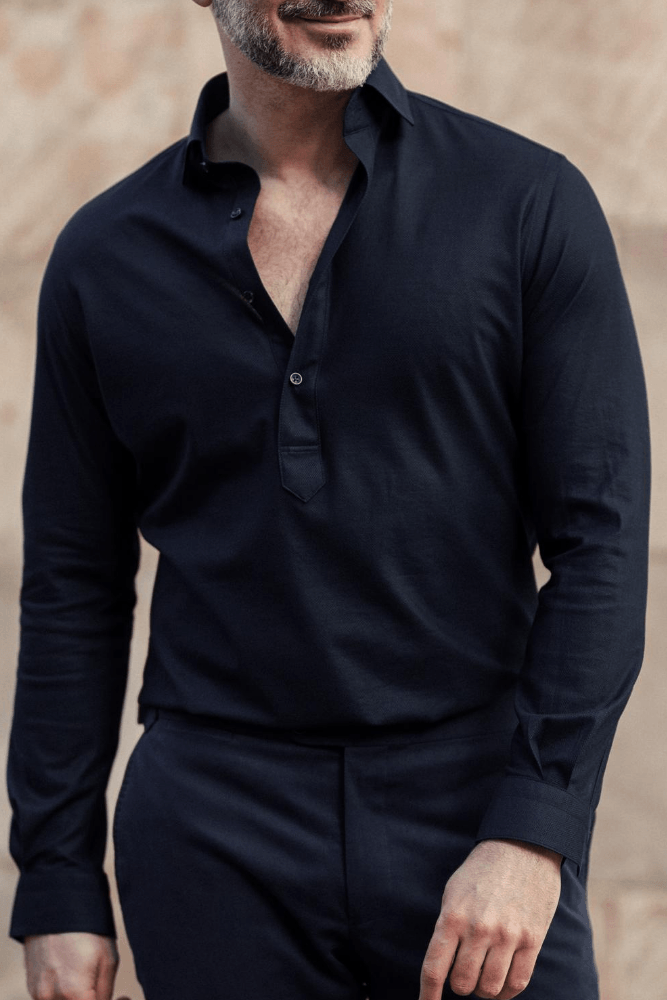 Magnus Long Sleeve Polo Shirt - Navy Cotton Pique