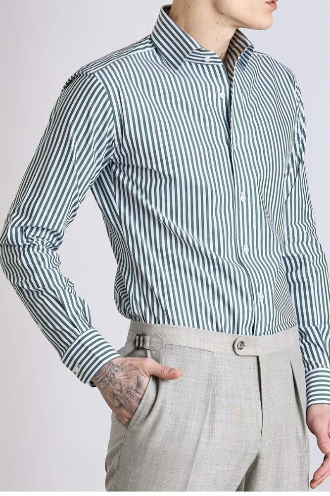 Cooper Shirt  - One Piece Collar Dark Olive Wash Stripe