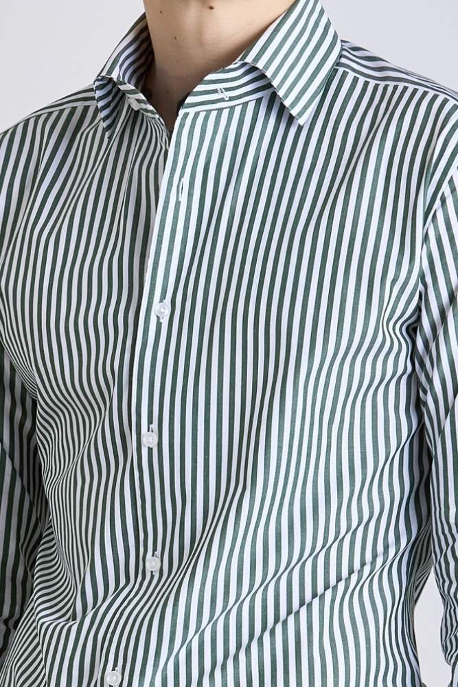 Cooper Shirt  - One Piece Collar Dark Olive Wash Stripe