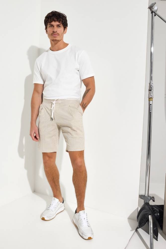 Bailey Casual Shorts - Beige and White Stripe Seersucker Stretch Cotton