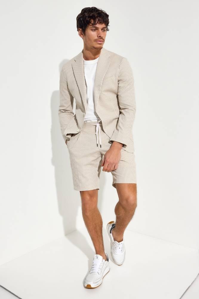Bailey Casual Shorts - Beige and White Stripe Seersucker Stretch Cotton