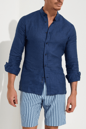 Marcello Stand Collar Shirt - Navy Linen