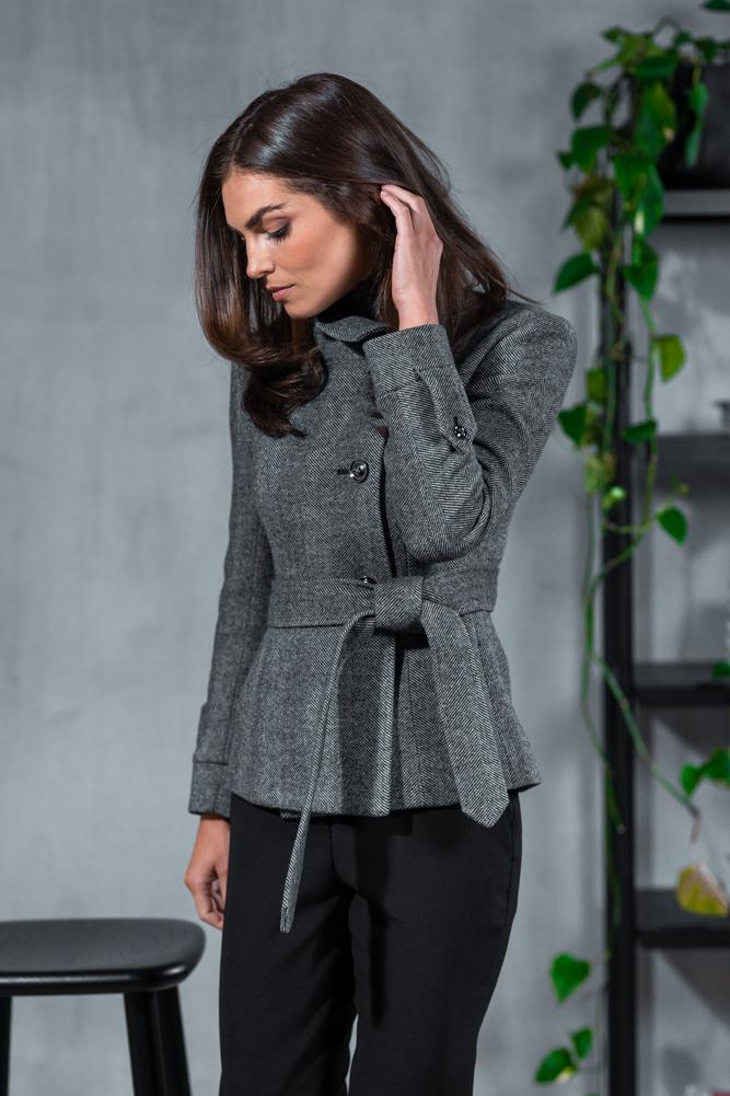 Tayla (Short) Coat - Grey Wide Herringbone Wool