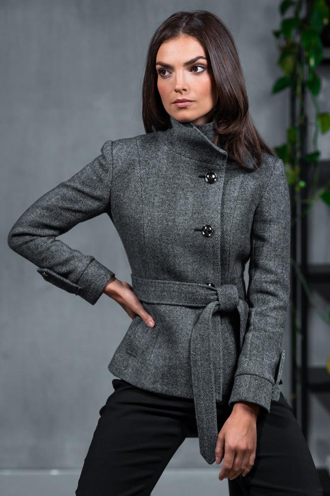 Tayla (Short) Coat - Grey Wide Herringbone Wool