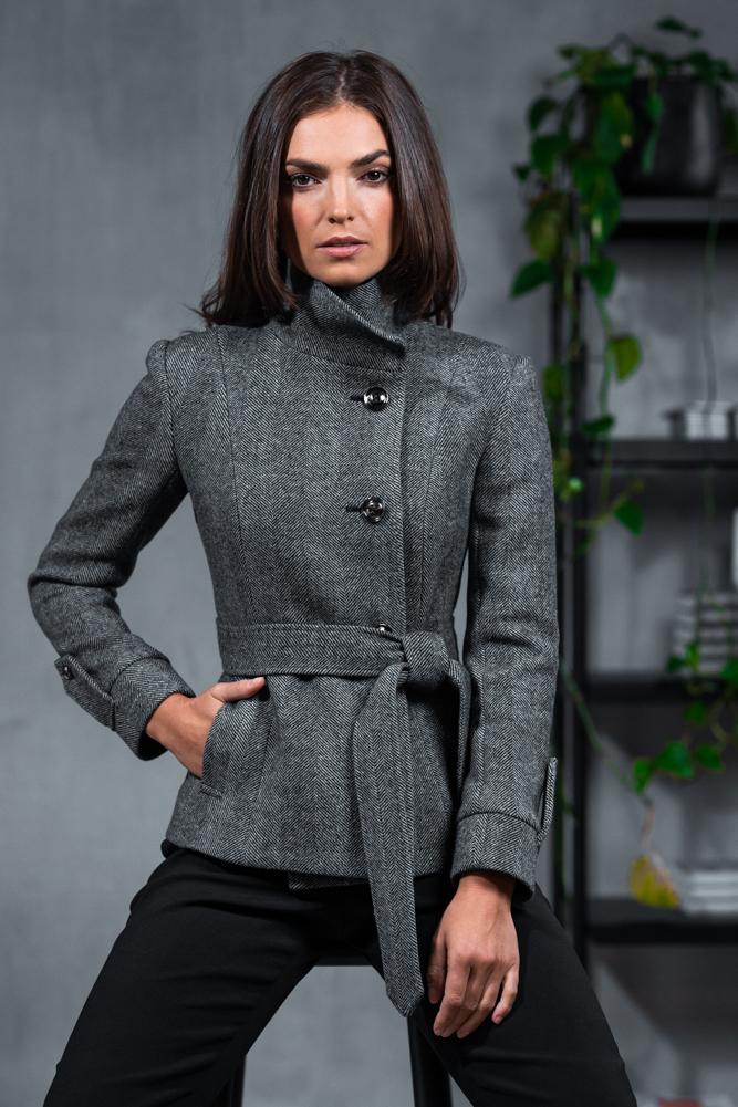 Tayla (Short) Coat - Grey Wide Herringbone Wool