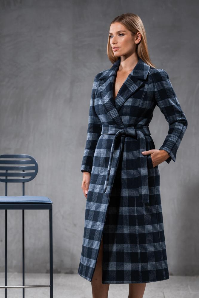 Madison (Long) Wrap Coat - Navy and White Check Wool