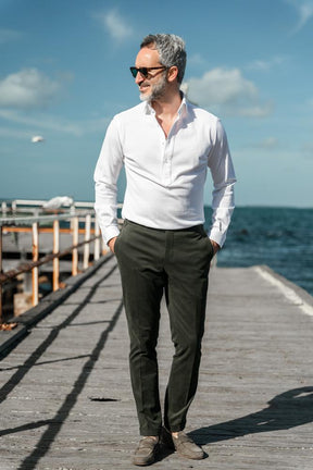 Magnus Long Sleeve Polo Shirt - White Cotton Pique