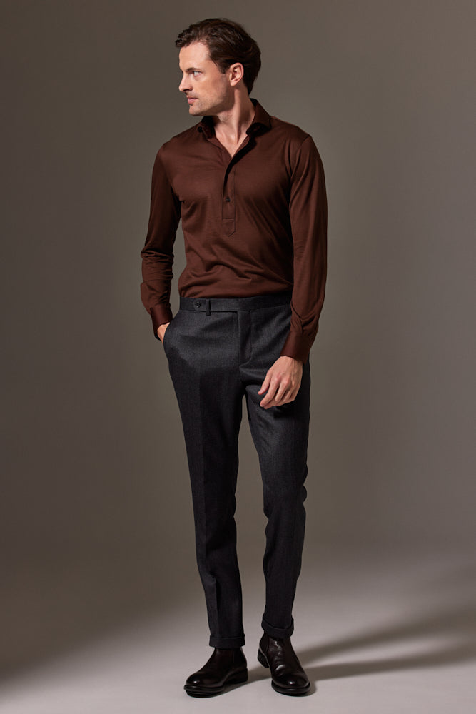 Magnus Long Sleeve Polo Shirt - Brown Merino Wool