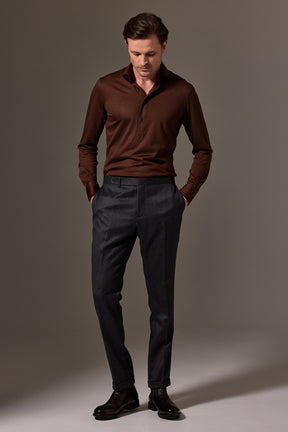 Magnus Long Sleeve Polo Shirt - Brown Merino Wool