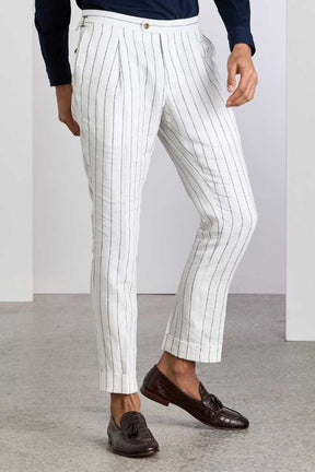 Roma Trouser - White and Navy Pinstripe Linen
