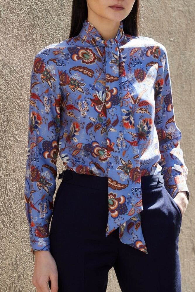 Stella Pussy Bow Blouse - Vintage Blue Floral Silk