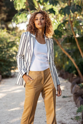 Lucia Jacket - White Navy Linen Wool Stripe
