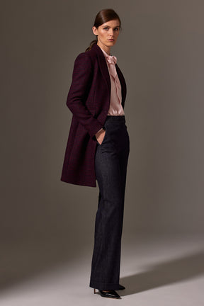Annabelle Coat - Burgundy and Navy Houndstooth Harris Tweed