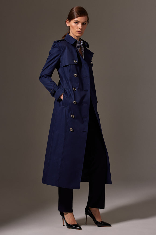 Martina (Long) Trench Coat - Blue Cotton Gabardine