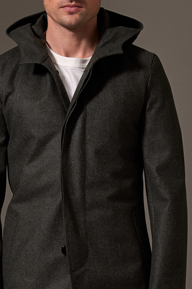 Carneby Hooded Coat - Olive Flannel Tech Wool